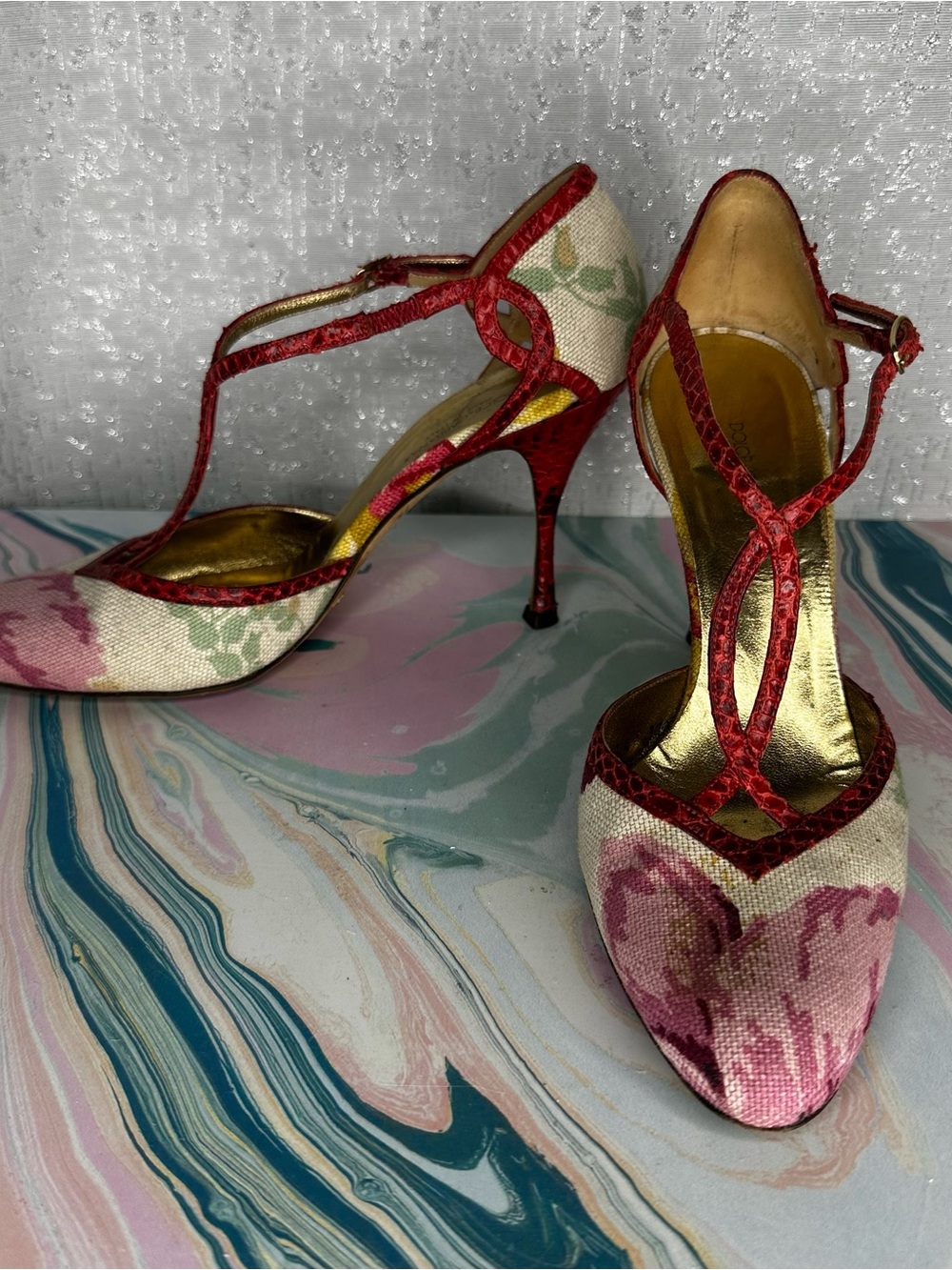 Dolce & Gabbana Pink Floral Round-Pointed-Toe Heels with Red Trim